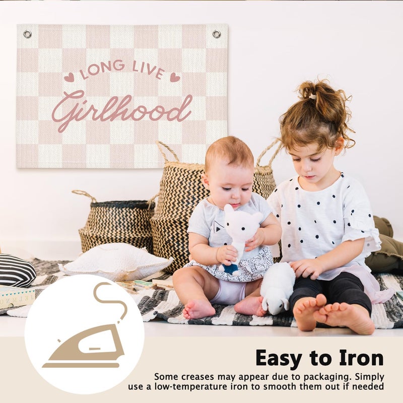 ETVISO Long Live Girlhood Preppy Pink Checkered Girls Room Decor - Linen Banner Wall Hanging Canvas Banner Flag Decor for Girly Nursery Toddler Playroom Bedroom Dorm Apartment - Image 4